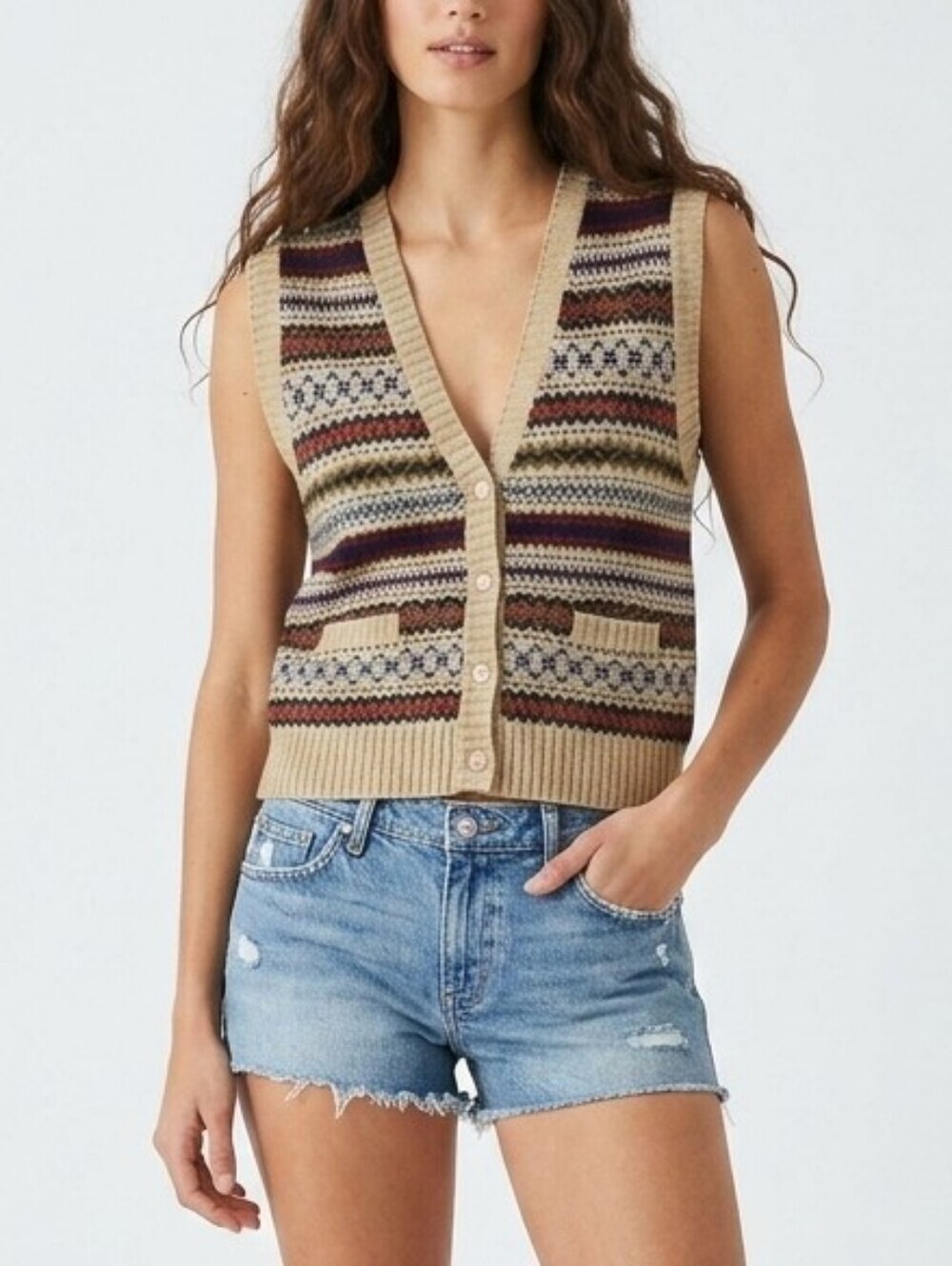 Vintage Fair Isle Abstract Geometric V-neck Button Front Sweater Vest In Ivory